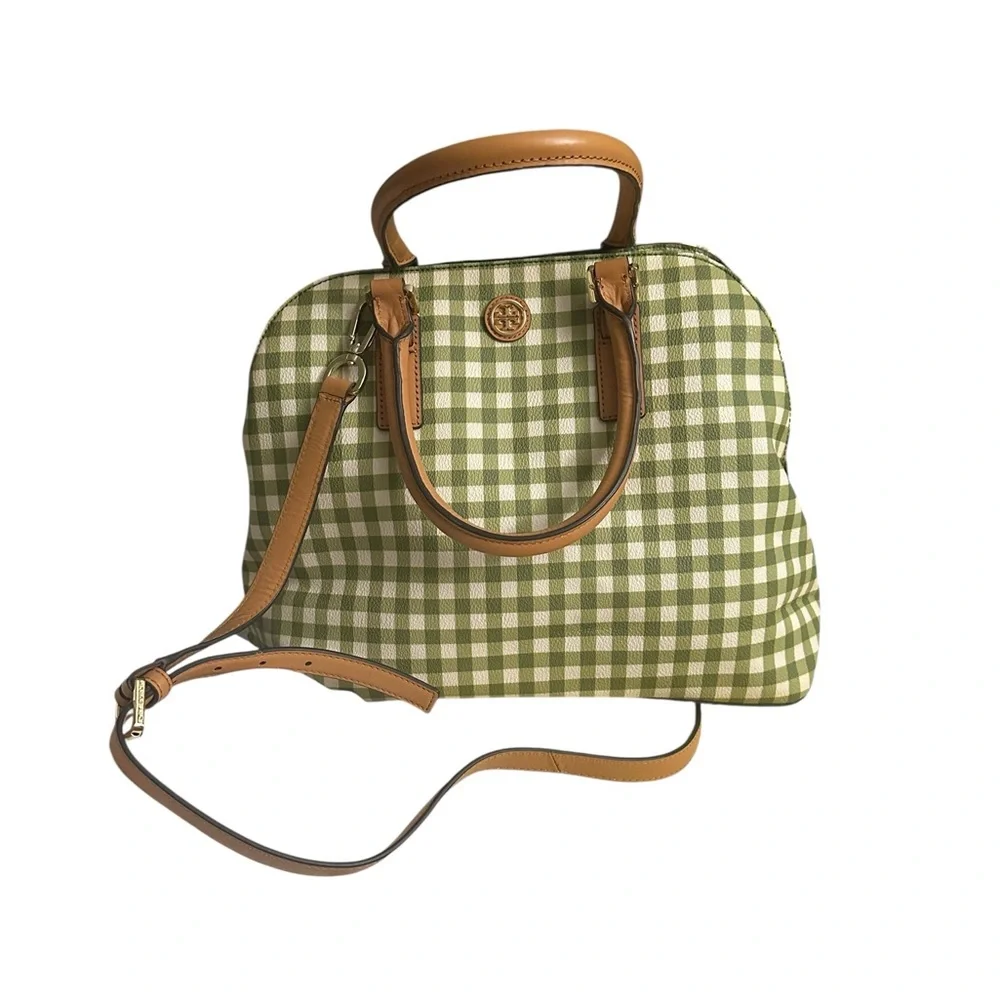 Tory Burch Kerrington Gingham Open Green Vinyl Tote w/ Leather Crossbody Strap
